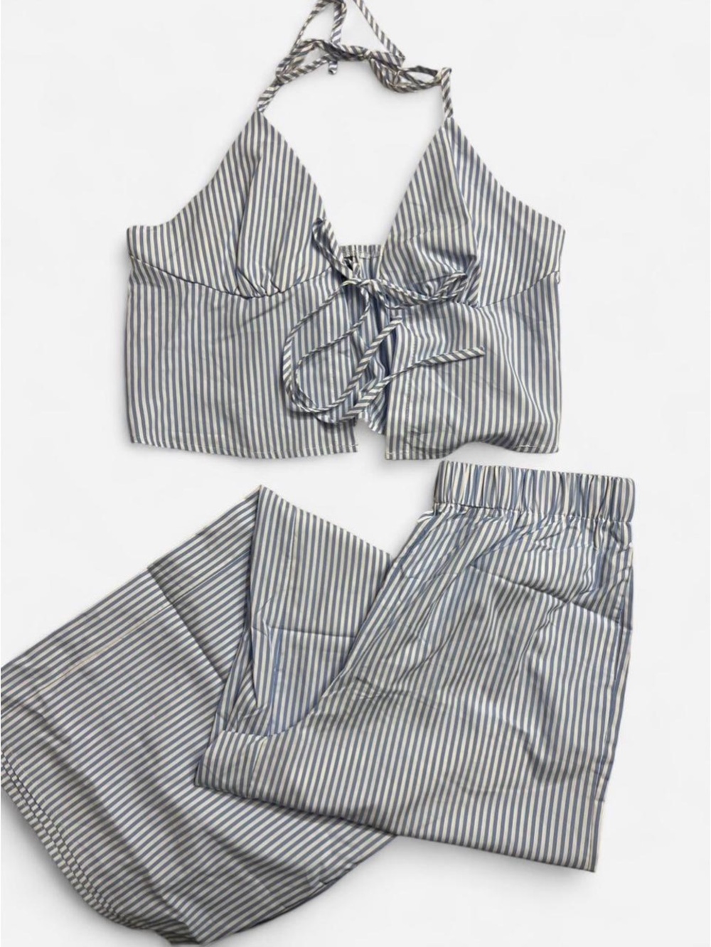 Striped Halter Crop Top & Wide Leg Pants Set - Blue/White